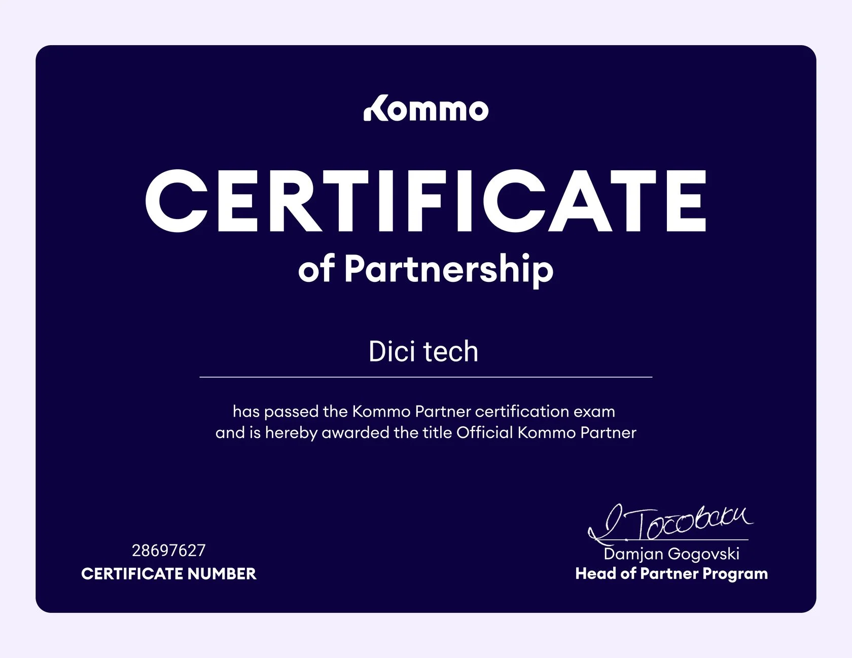 Official Kommo Partner Certificate